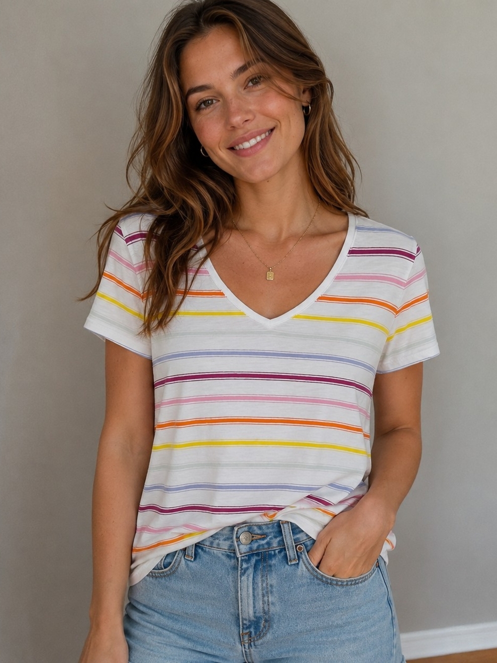 GAP 100% Cotton Short Sleeve Tee with Pink, Orange, Yellow & Blue Stripes